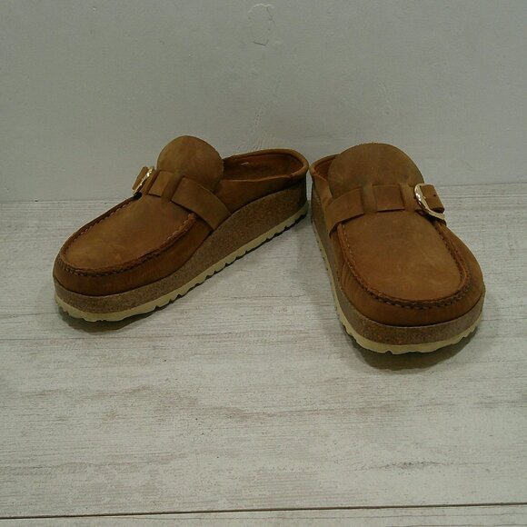 Birkenstock Shoes - Birkenstock Comfort Suede Cognac Buckley Clog Gold buckle Size 38